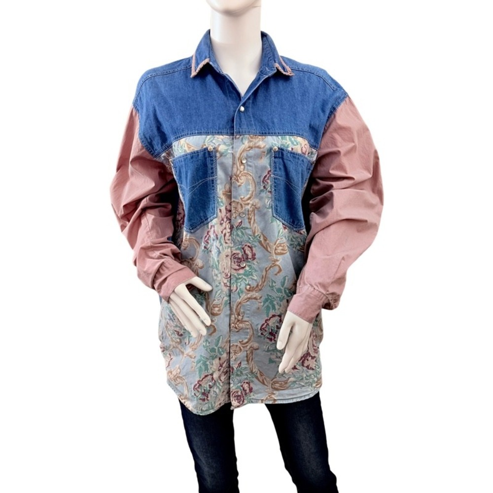 NADA NUFF Vintage Cotton Denim Floral Patchwork Western Shirt Women Size Small